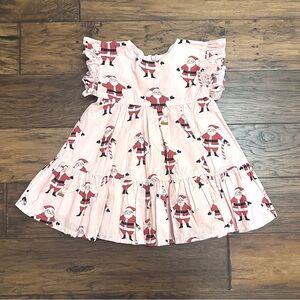 Pink Chicken Santa Print Ruffle Sleeve Dress